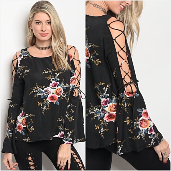 Tops - ‼️SALE Floral Lace Up Bell Sleeve Blouse Top S